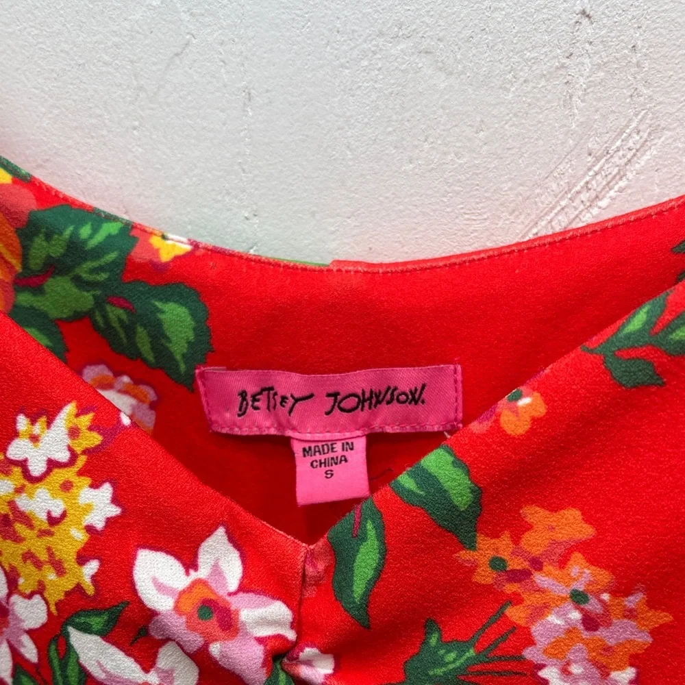 Betsey Johnson Red Fire Flower Milkmaid Mini Dress Floral Puff Sleeve Ruched Y2K - Picture 2 of 8